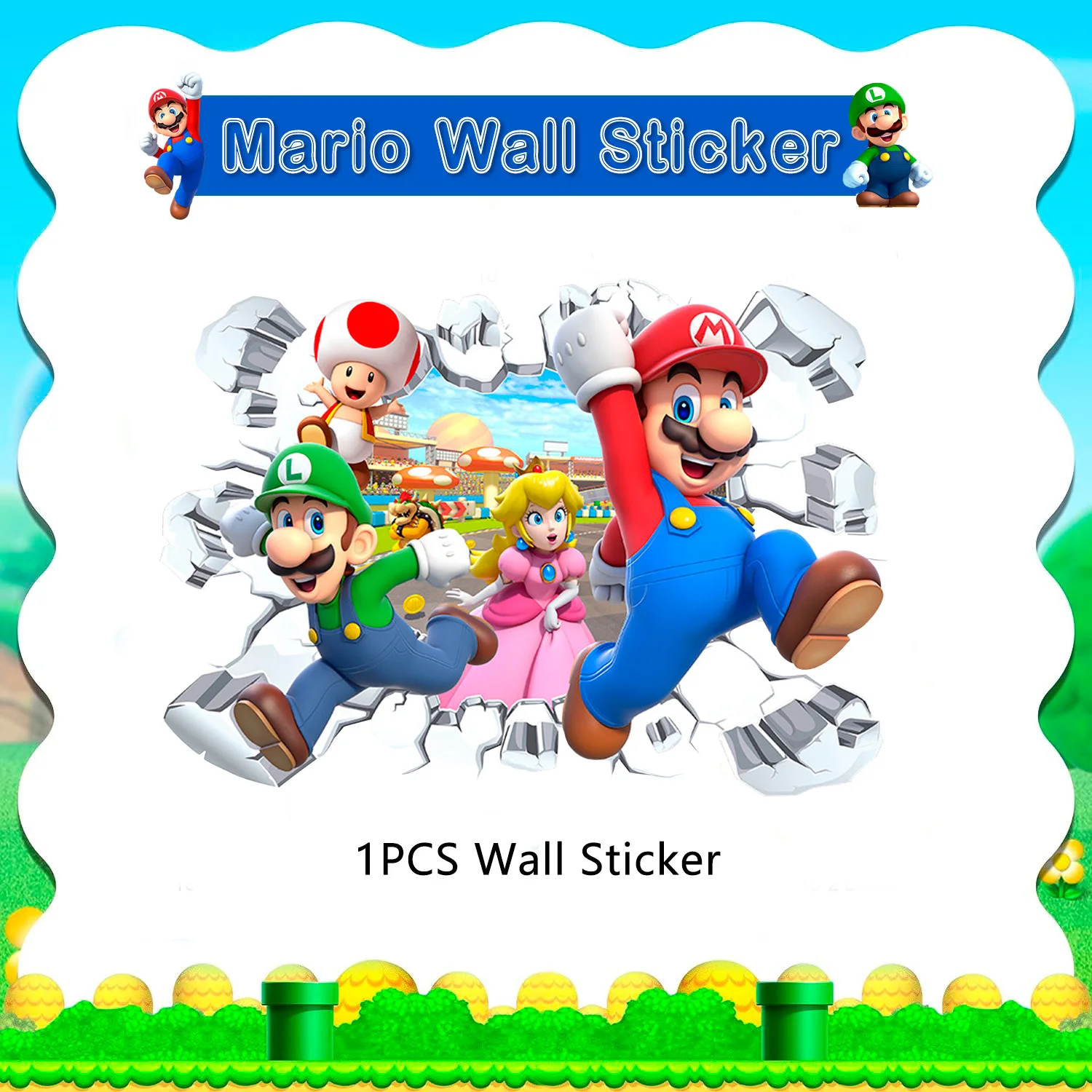 Mario Wall Stickers, 1 Pcs Decal for Party Decorations or Huge Posters for Boys Room Nursery Livingroom and Door (14'' x 23.2'')