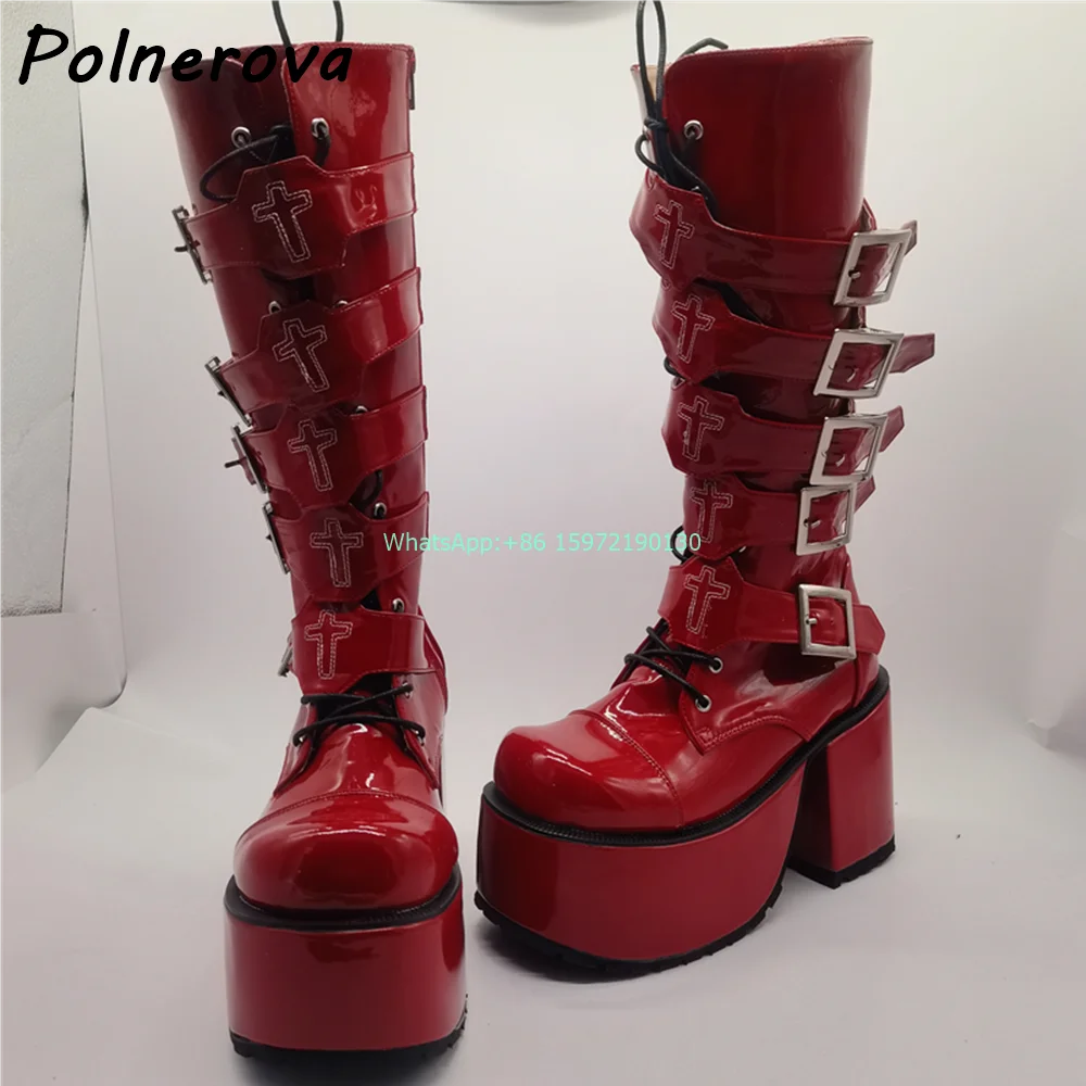 Dark Red Buckle Belt Cross Boots Round Toe Chunky Heels Platform Mixed Color Knee High Boots Ladies Fashion Runway Shoes