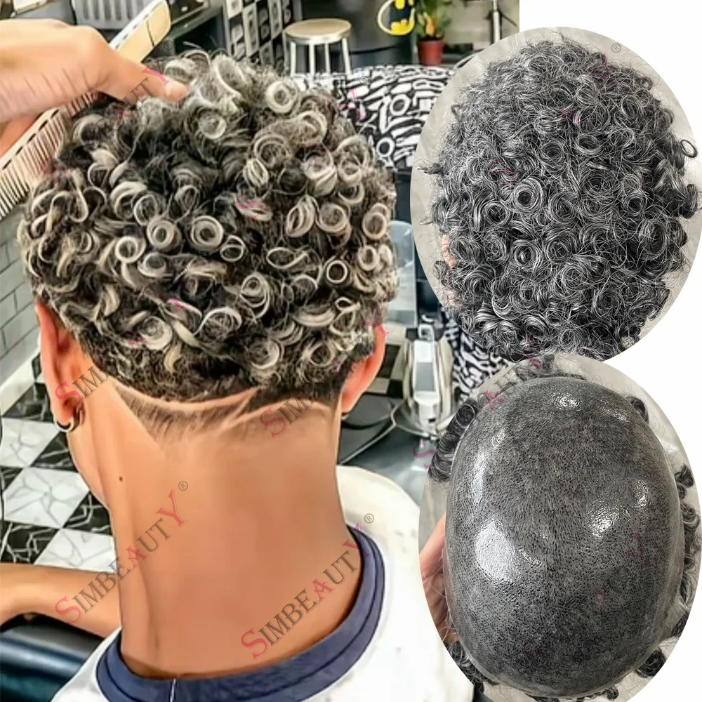 

Undetectable 15mm/18mm Curly Options Toupee for Men Grey 1B50 1B65 Human Hair Replacement System Durable Injected PU Prosthesis