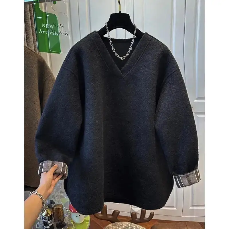 

Теплый свитшот с V-образным вырезом для женщин, студенческий, нейтральный стиль, осенне-зимний, новая модная универсальная утолщенная кофта, милый и кавайный