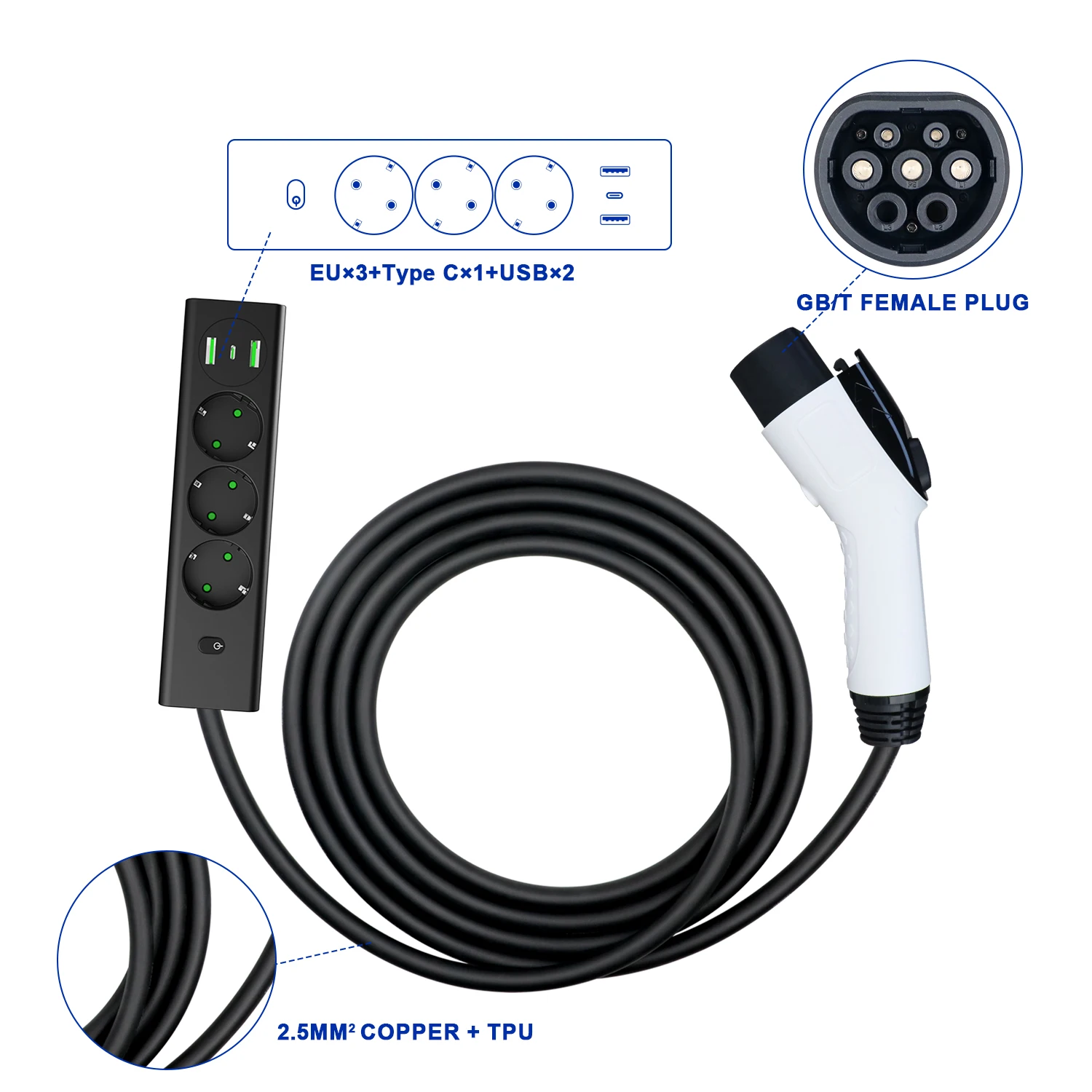 Electric Vehicle Discharging Gun GBT 3.6KW 16A EU Socket for Car Side V2L Vehicle to Load Adapter 5M Cable multi-outlet power