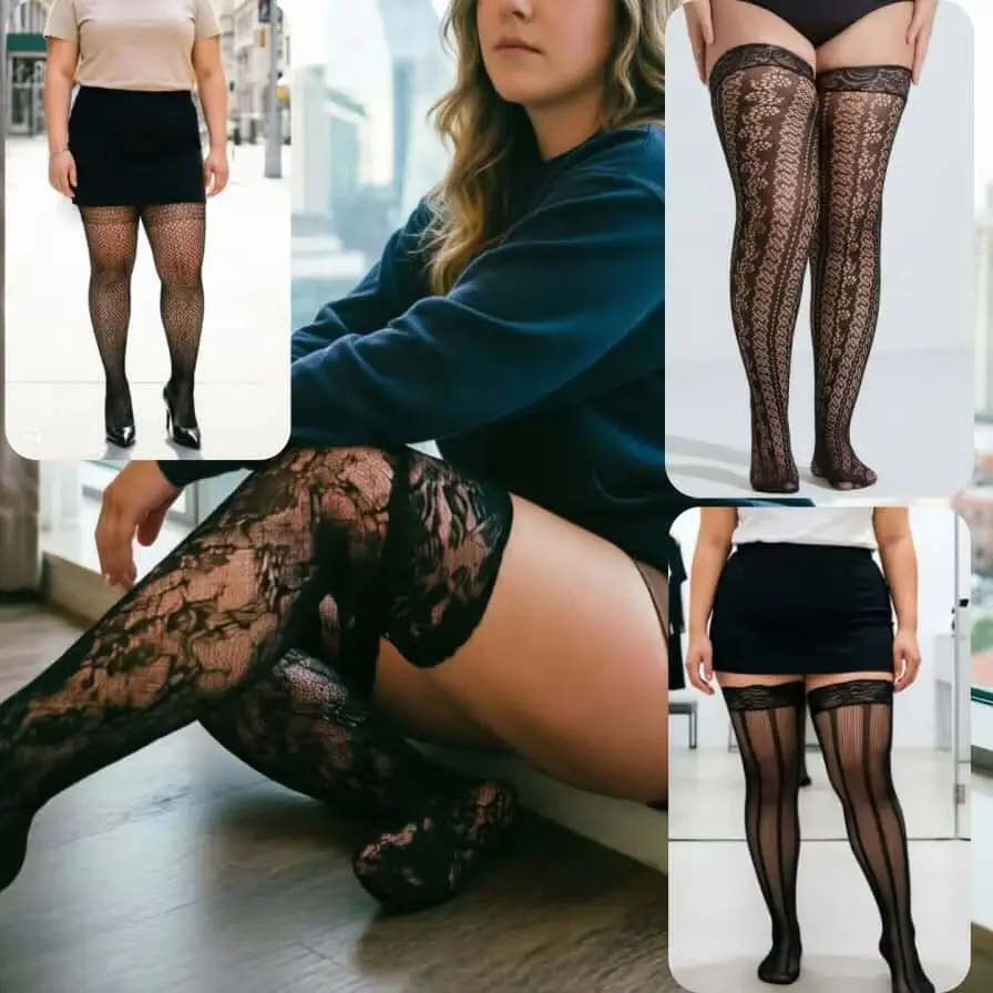 Plus Size Damen Stretchy Netzstrümpfe Sexy Overknee-Strümpfe Gothic JK Lolita Mädchen schwarze Spitze transparente Overknee-Socken 100kg 3XL 4XL – Detail 1