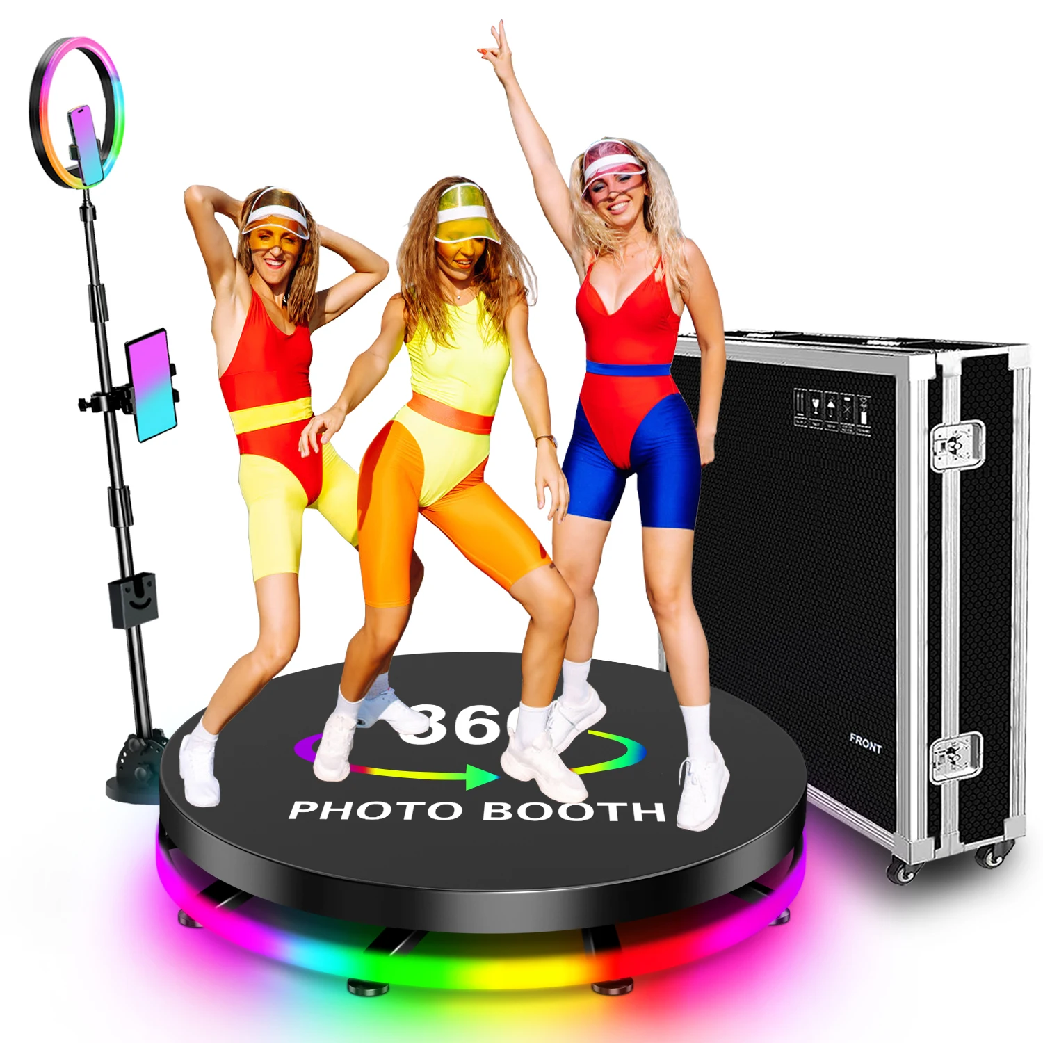 Automatisch drehbare 360-Grad-Fotokabinenplattform mit RGB-Ringlicht, Flightcase, 360-Grad-Videokabine für 1–5 Personen