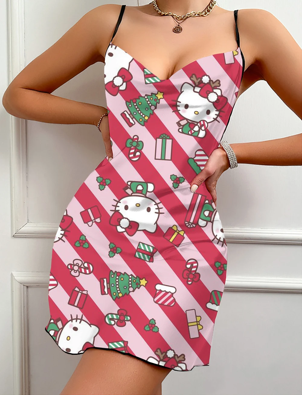 HelloKitty feminino desenho animado suspenso vestido, laço de borboleta sexy, sem encosto, roupa de dormir, verão, legal, novo