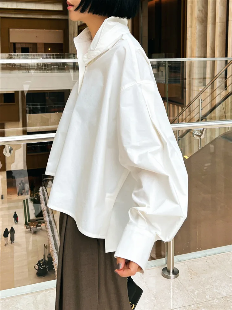 

2024 Spring/Summer Bat Sleeves White Shirt Women's Long Sleeved Irregular Top Korean Loose Retro Hong Kong Style Shirt