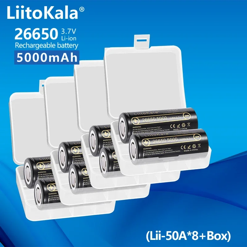 

8PCS LiitoKala Lii-50A 26650 5000mAh 20A power rechargeable lithium battery 26650A 3.7V 5100mA Suitable for flashlight