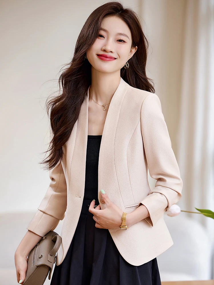 Cherry Blossom Color Lapelless Women's Suit Jacket Premium Feel Slimming Casual Style Long Sleeve V-Neck Polyester Blend