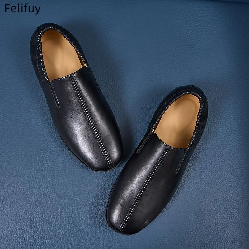 Black Casual Low-Heel Men's Genuine Leather Flat Shoes Korean Style Slip-On Loafers Fashionable Black Business Shoes round Toe