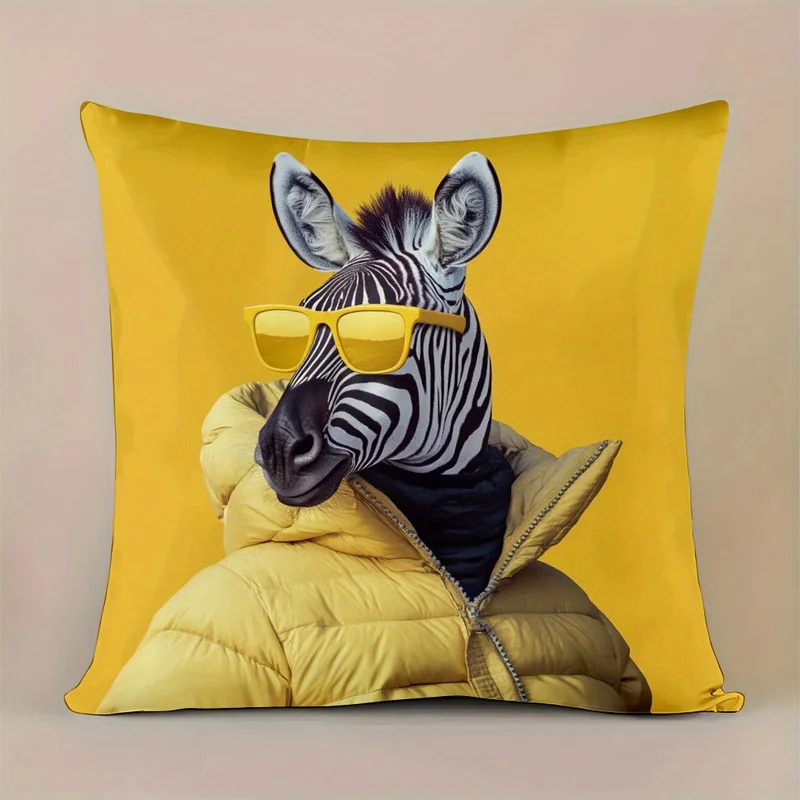Double Sided Vintage Zebra Print with Yellow Jacket Design Decorative Throw Pillow Case Retro Art Cushion Cover for Home Sofa