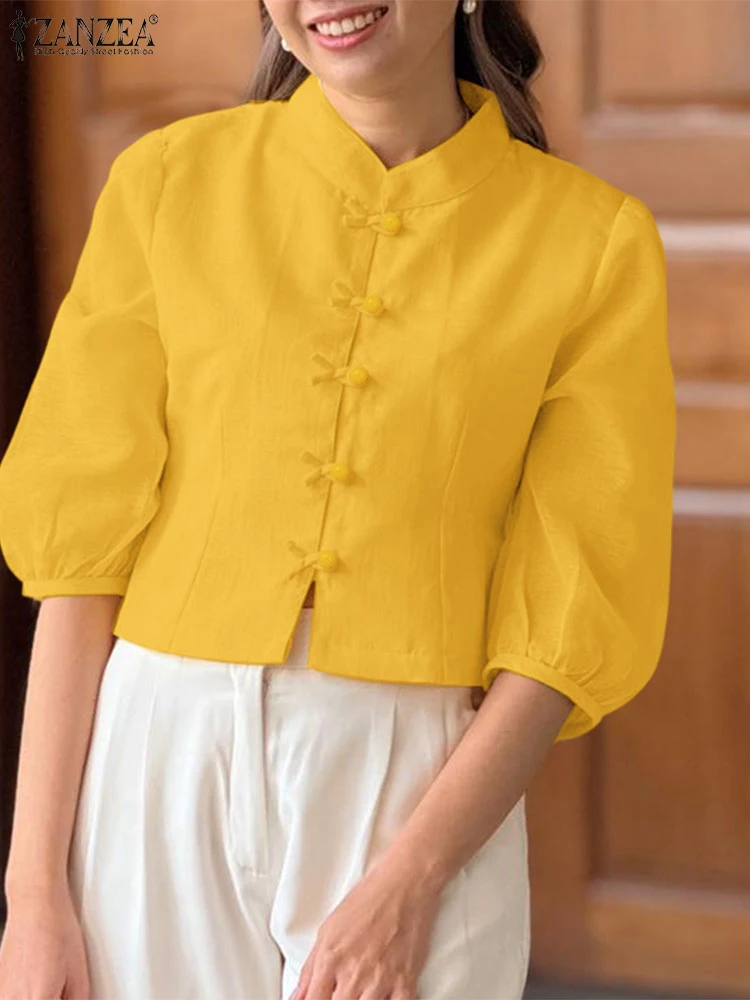 

2025 Chinese Style Shirts Women Spring Bow Buttons Tops 3/4 Sleeve Solid Blusas Fashion Stand Neck Casual Loose Tunic ZANZEA