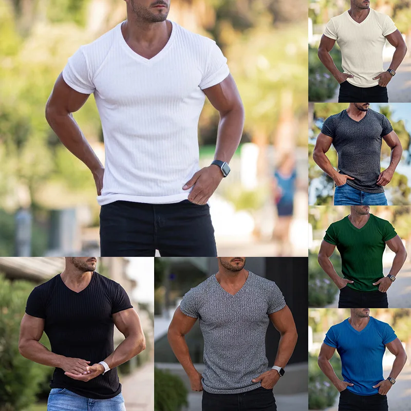 2024Summer Slim FitVCollar Sports Fitness Breathable Bottoming Shirt Men's Inner Wear Moisture Wicking Short SleeveTT-shirt