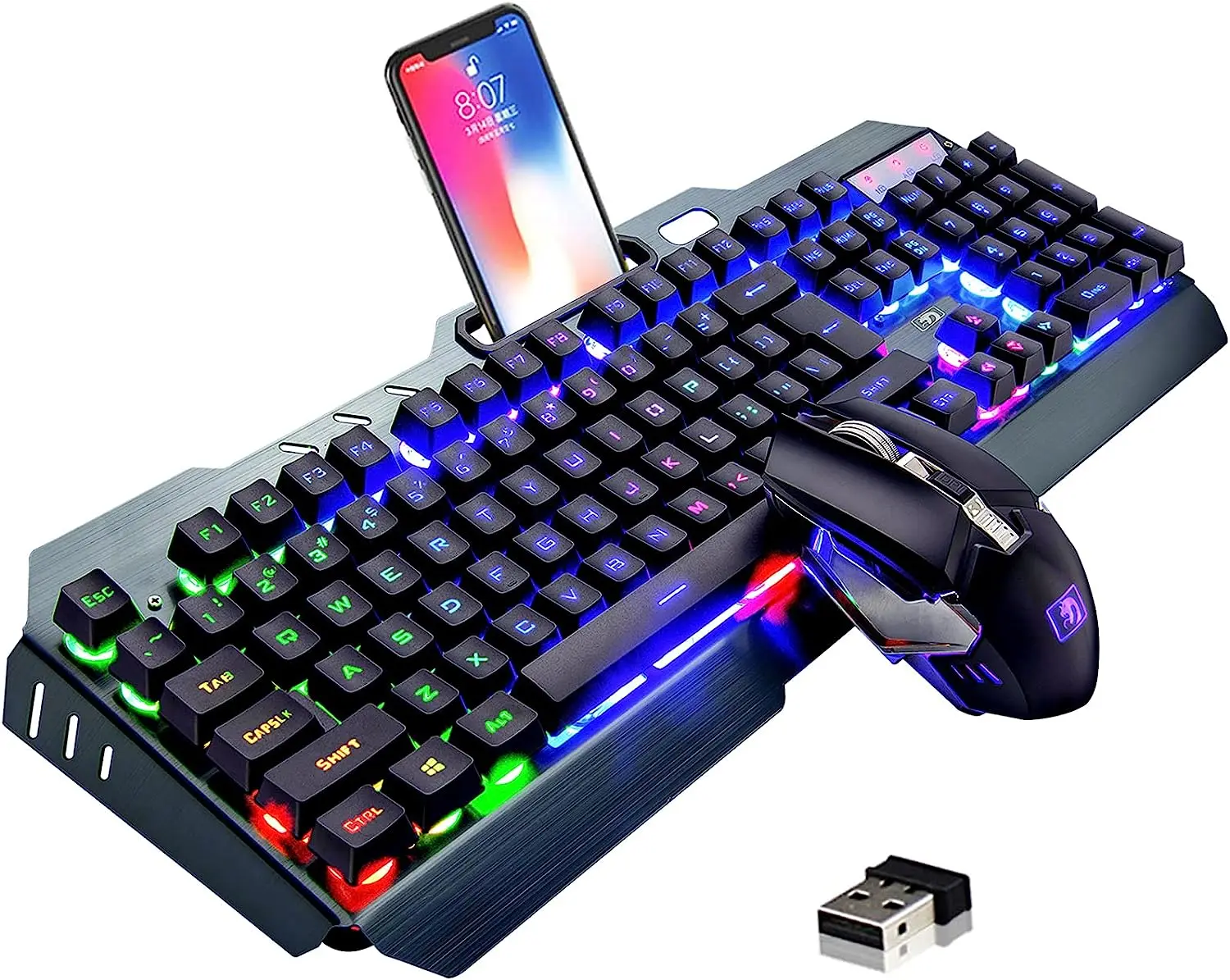 MAMBASNAKE K670 Wireless Gaming Keyboard and Mouse Rechargeable Rainbow Backlit with 3800mAh Battery Metal Panel,Mechanical Feel