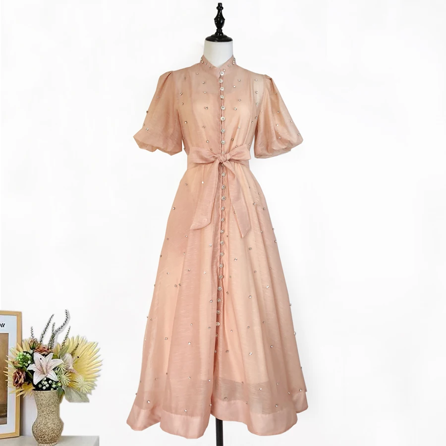 高級ビーズダイヤモンドイブニングウエディングドレス女性のためのスタンドカラーロングランタンスリーブシングルブレストベルト夏の女性の服