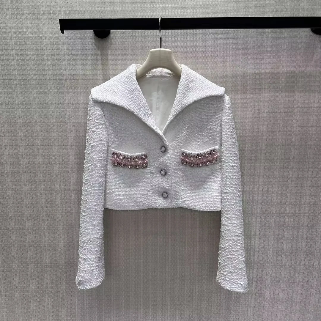 2026 New Autumn Fashion Sweet White Short Tweed Jacket Women Lapel Long Sleeve Embroidery Pearls Beading Pockets Vintage Coat