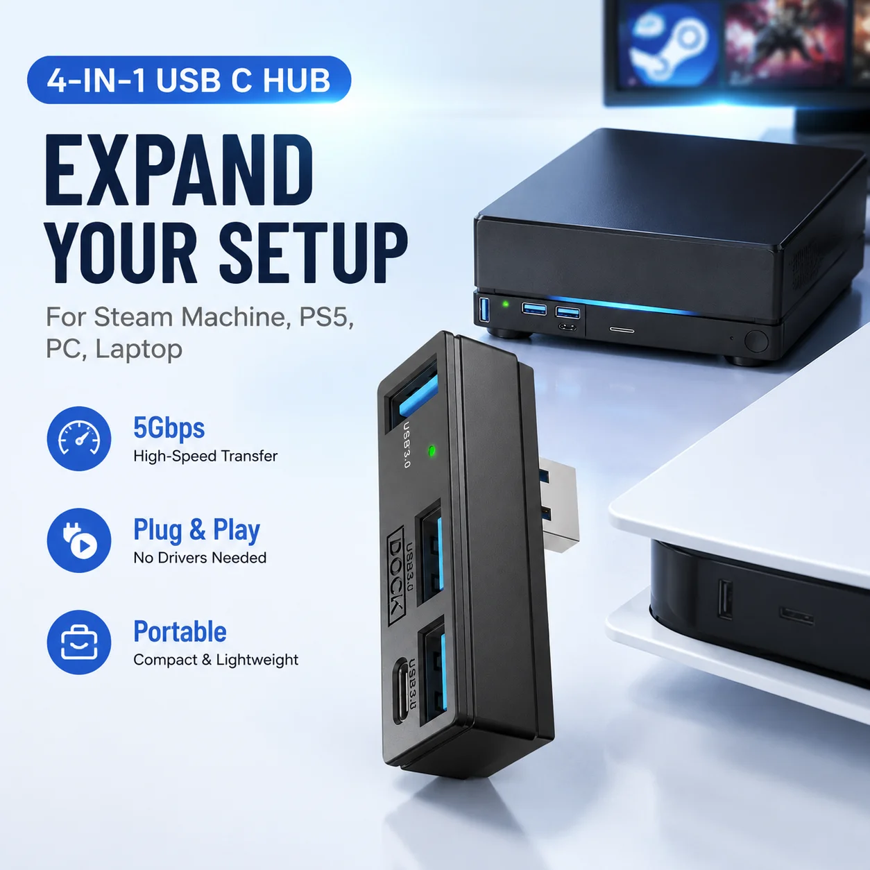 Esports Gaming Splitter - 4ポートUSB 3.0ミニハブスプリッター拡張ドック、SteamマシンPS5ゲームコンソール用、高速データ転送ハブコンバーター