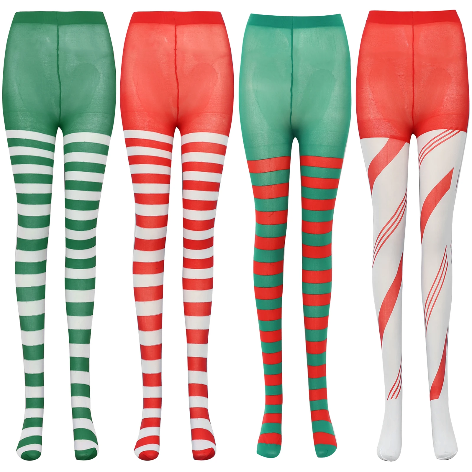 Women Christmas Party Striped Tights Red Green High Stockings Pantyhose Sexy Lingerie for Xmas Nightclub Rave Role Play Clubwear