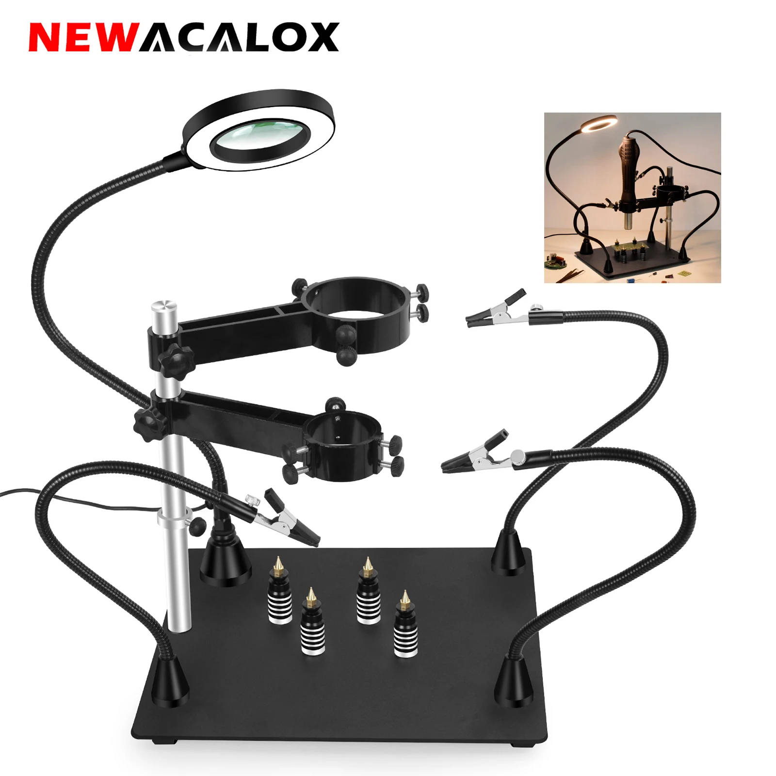 NEWACALOX Magnetic PCB Board Fixed Clip Flexible Arm Soldering Third Hand 5X Magnifier Glass Soldering Iron Holder Repair Tools