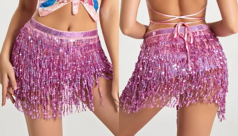 กระโปรงเต้นระบำหน้าท้องแบบ 4 ชั้น ประดับเลื่อม พู่ห้อย พร้อมสายคาดเอว สำหรับงานปาร์ตี้ คลับ  ชุดเต้นรำอินเดีย ละติน ฮูลา  ผ้าคลุมสะโพกสำหรับฝึกซ้อม