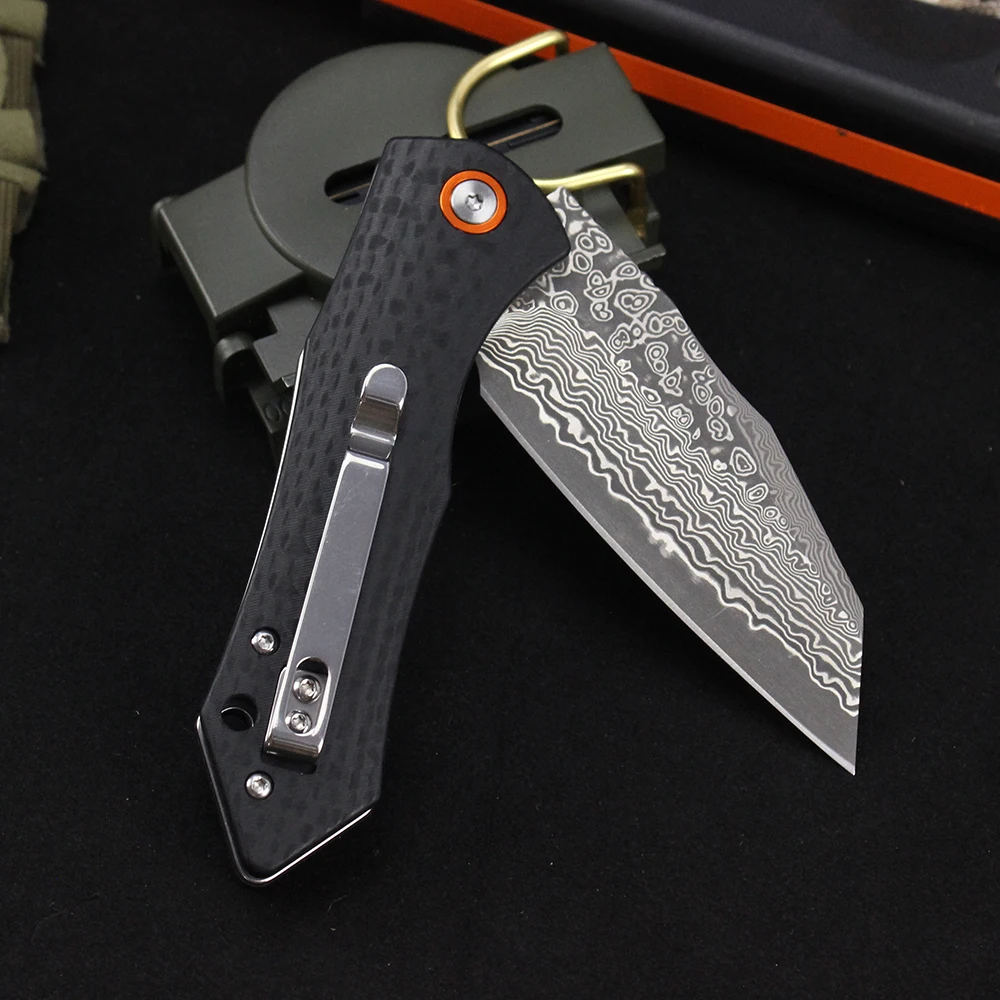 Tunafire Damascus Folding Knife Zebra wood/carbon fiber G10 Handle Hunting Survival Tanto Pocket Knives EDC Hand Tools