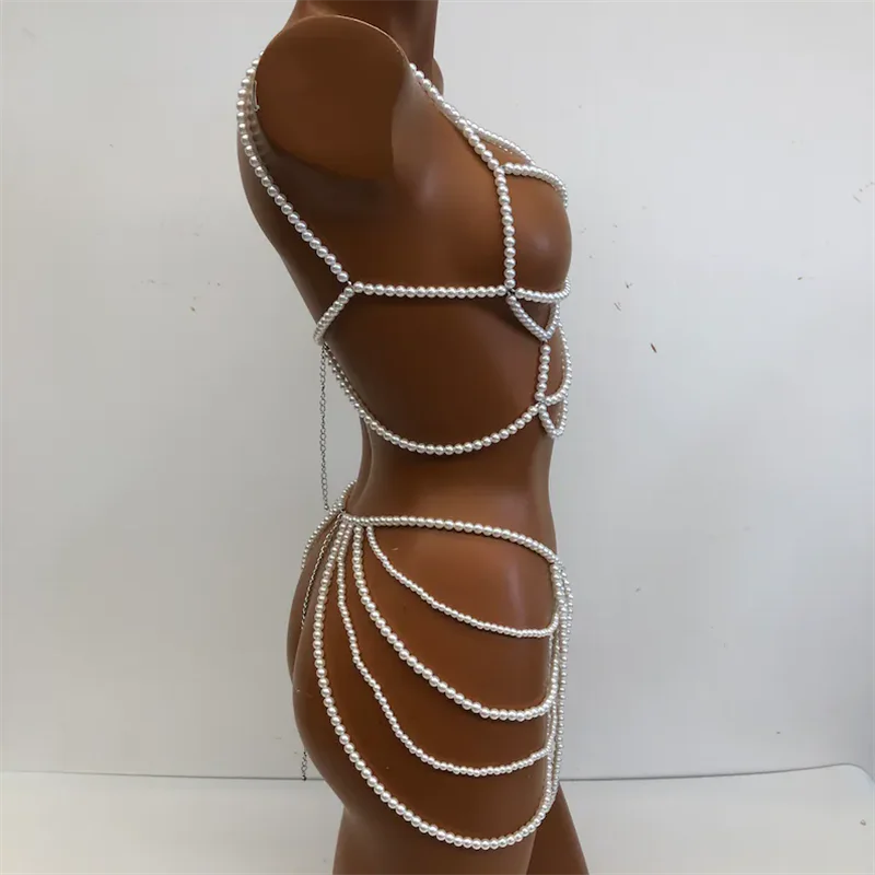 Damen Perlen-Körperkette 2-teiliges Set Schmuck Sexy Nachtclub Party Zweiteiliges Set Rave-Körperaccessoires für Damen Zweiteiliges Outfit – Detail 5