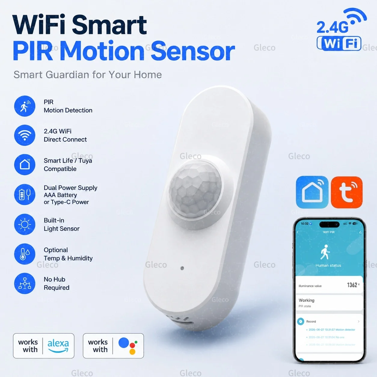 Tuya Wifi PIR Motion Detector Smart Life Infrared Human Body Temperature Humidity Sensor Illuminance Detection For Alexa Google