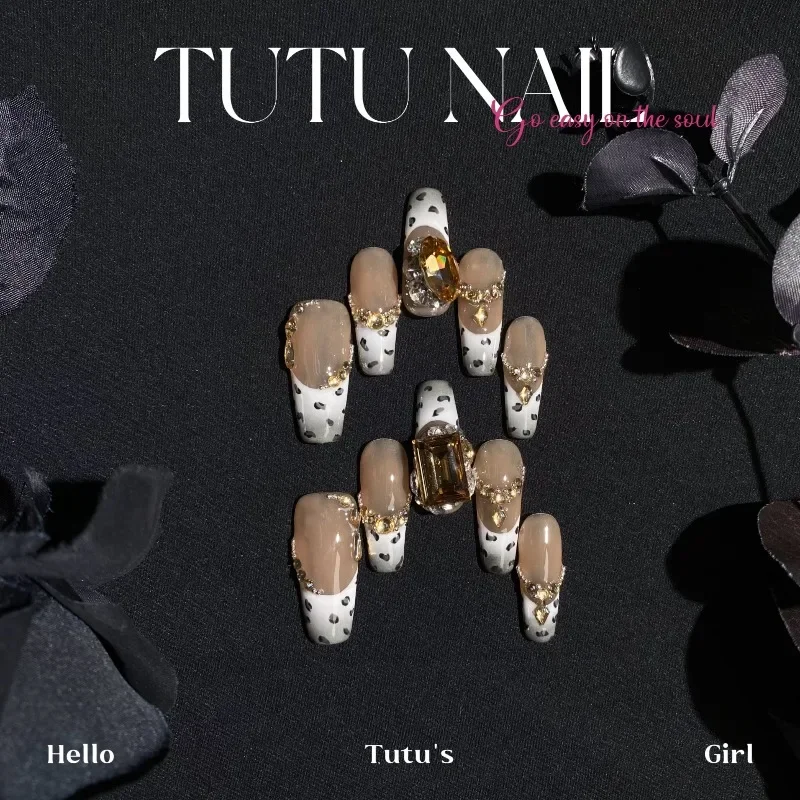 [Little Wildcat] Handmade Nail Merad Leopard Print French Naked Babes Steel Ball Pile Diamond