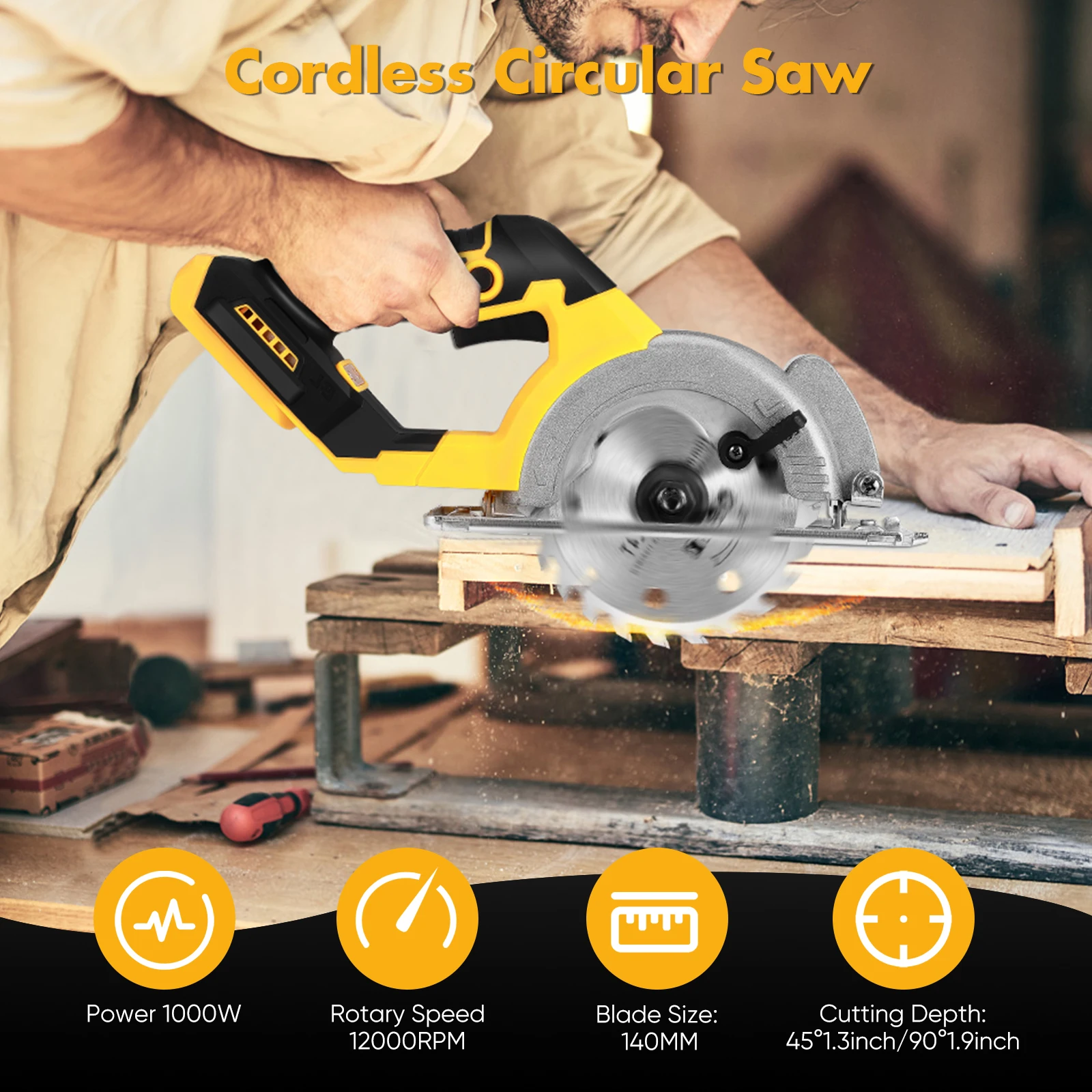 5.5" Cordless Circular Saw – Brushless Motor, Fits Dewalt 18V/20V Batteries, 12000 RPM, 2 Blades, 1.3" & 1.9" Cut Depth, 0-45° Bevel (Tool Only)