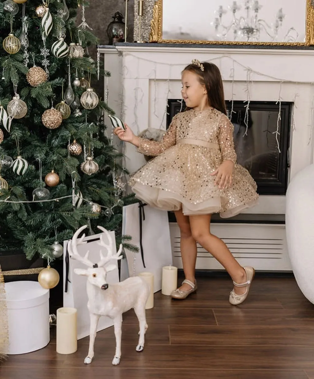Vestido champanhe personalizado para meninas, lantejoulas brilhantes na altura do joelho, bola de primeira comunhão, cerimônia de aniversário, formatura, festa de casamento