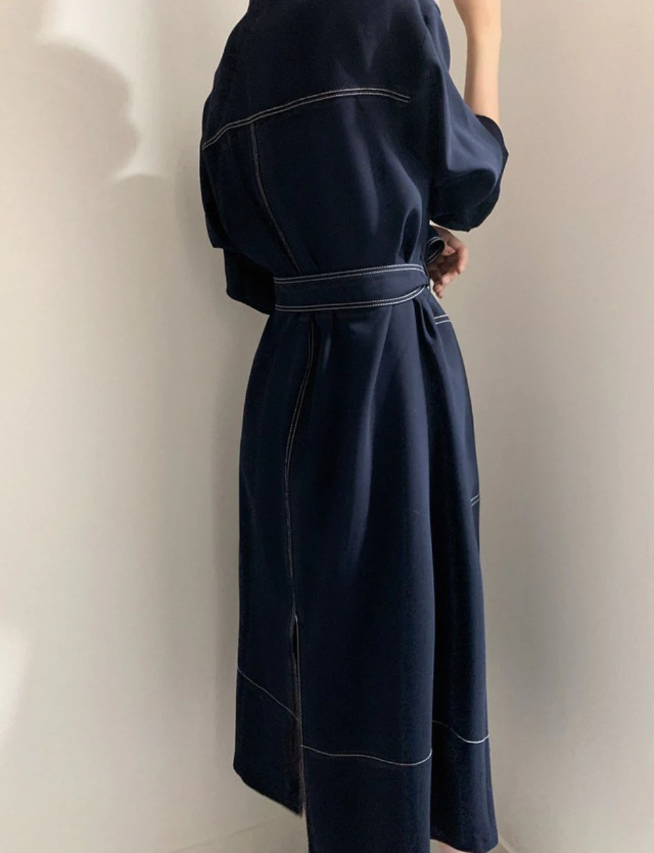 Neues Frühlings-Herbst-Einreihiges Damen-Hemdkleid mit Stehkragen, koreanischer Casual-Stil, gerade geschnitten, elegantes langes Kleid für Damen. – Detail 9