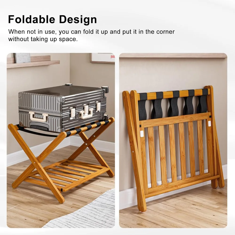 خزانة تخزين / رف أمتعة عسل مجمع بالكامل، حامل حقيبة قابل للطي من الخيزران مع 5 أشرطة من النايلون، حامل أمتعة #2