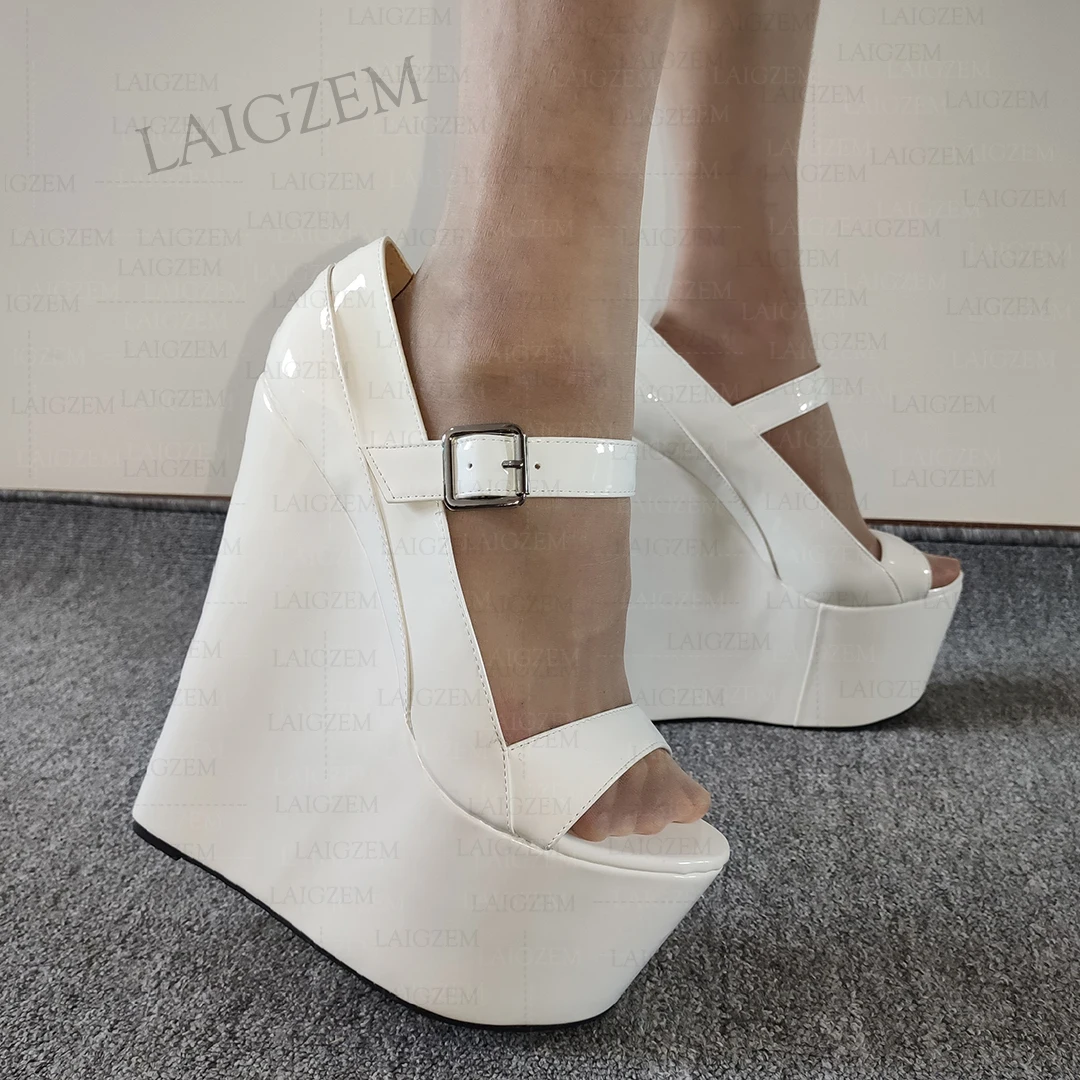 Zhima Vrouwen Pumps 20Cm Hoge Hakken Wiggen Open Teen Platform Hoogte Verhogen Dames Glanzende Clubschoenen Vrouw Grote Maat 38 41 44 48