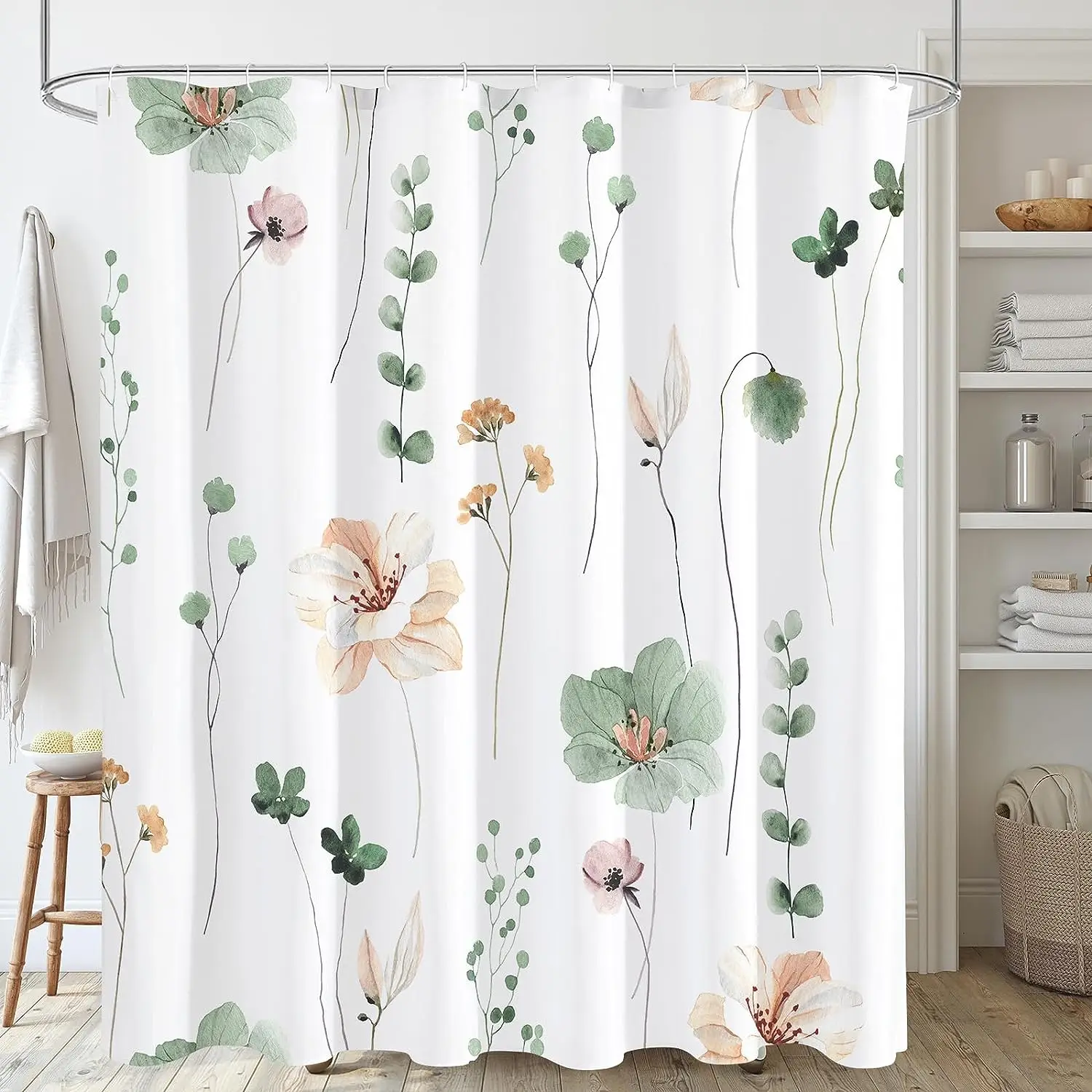 Green Leaves Floral Shower Curtain Watercolor Flowers Plants Modern Minimalist Bath Curtains Fabric Bathroom Decor with Hooks