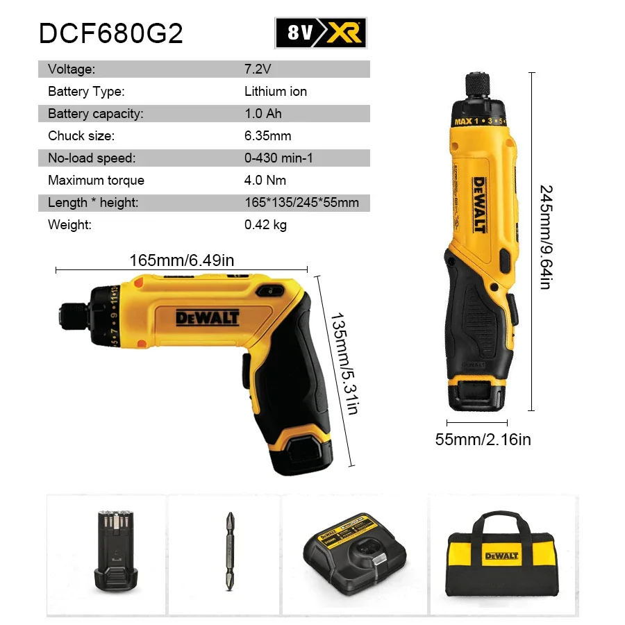 DEWALT, 8V MAX, Li-Ion Brushed Gyro, Gauge Screwdriver with 2 Batteries NEW NO.DCF680G2