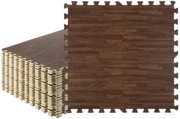 

Плитка из пеноматериала с текстурой дерева, 96 кв. футов, с бордюром - игровой коврик для домашнего спортзала, игровой комнаты или напольного покрытия