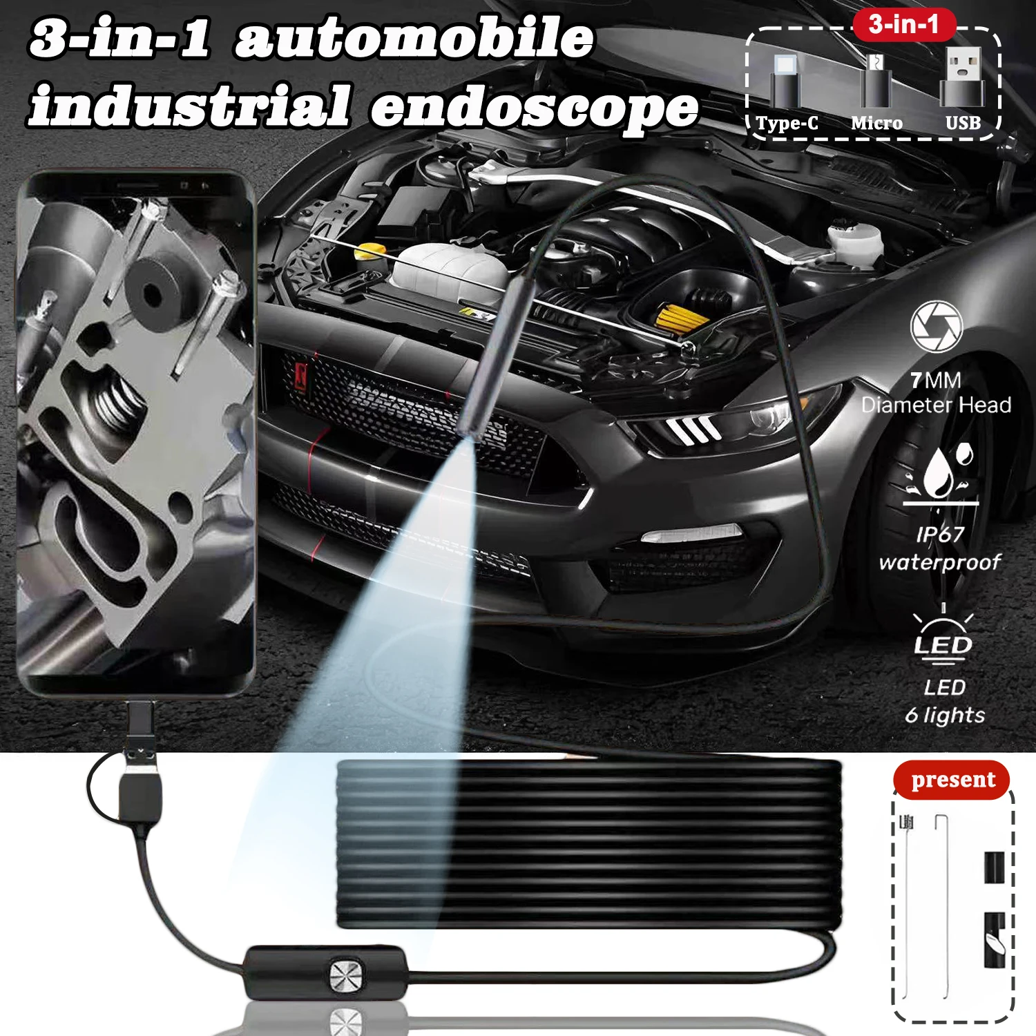 

Car Detection Camera Pipeline Mini Camera 7mm 5M Hard Wire Android Type-C USB Detection Waterproof Endoscope Adjustable Cable