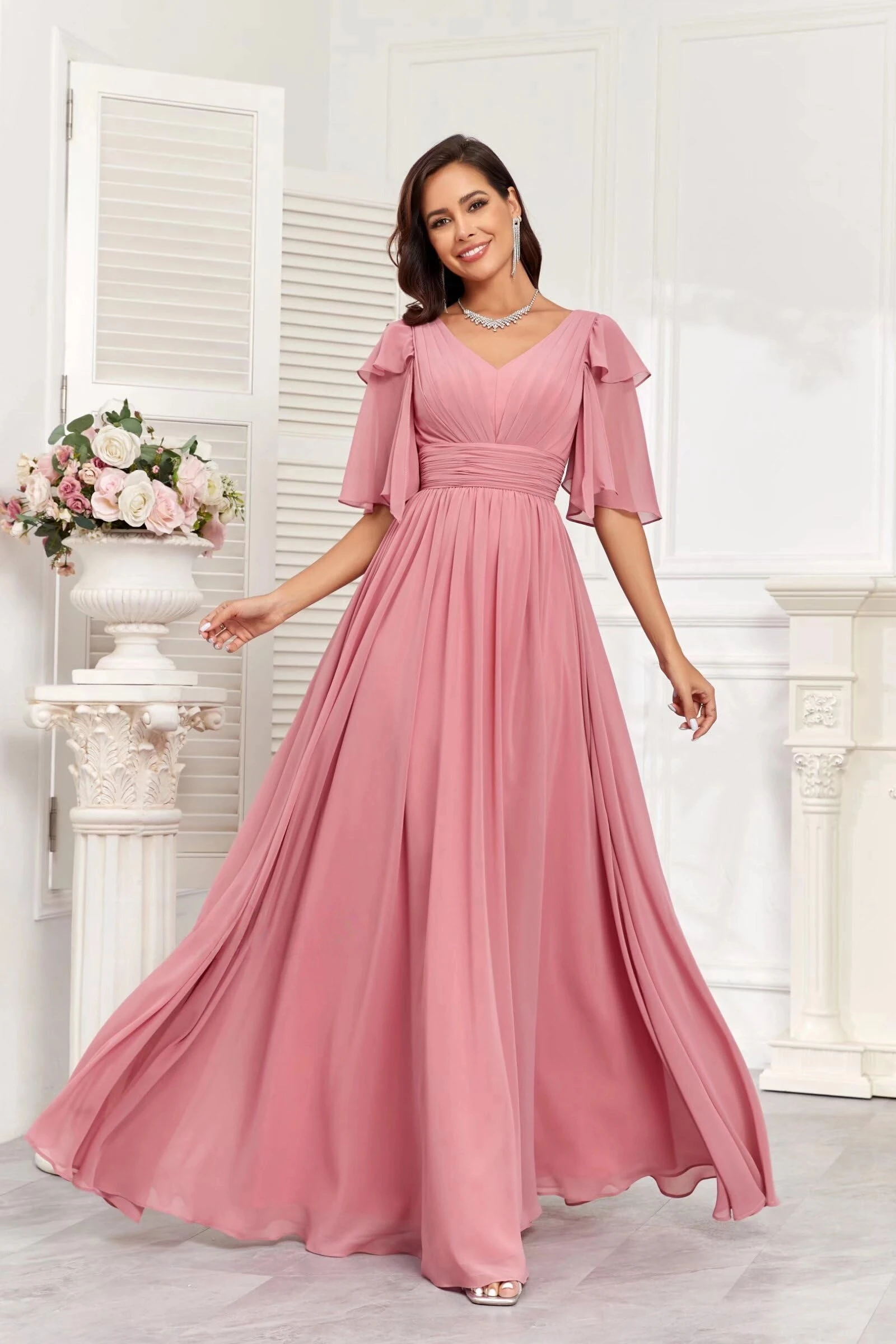 

Women's A Line V Neck Chiffon Pleated Long Bridesmaid Dresses Short Sleeve Empire Waist Formal Dress