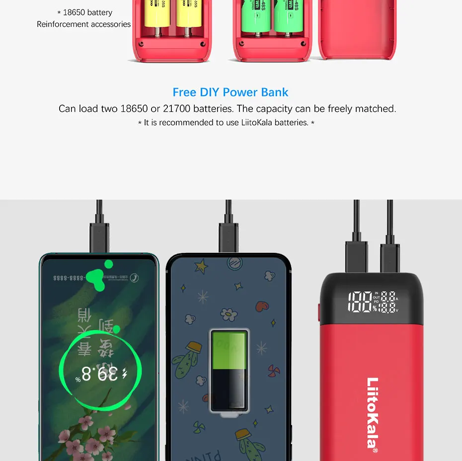 LiitoKala Lii-MP2 Dual Bay 18650/21700 Charger & QC3.0 PD3.0 Power Bank (No Battery)Input/Output Digital Display