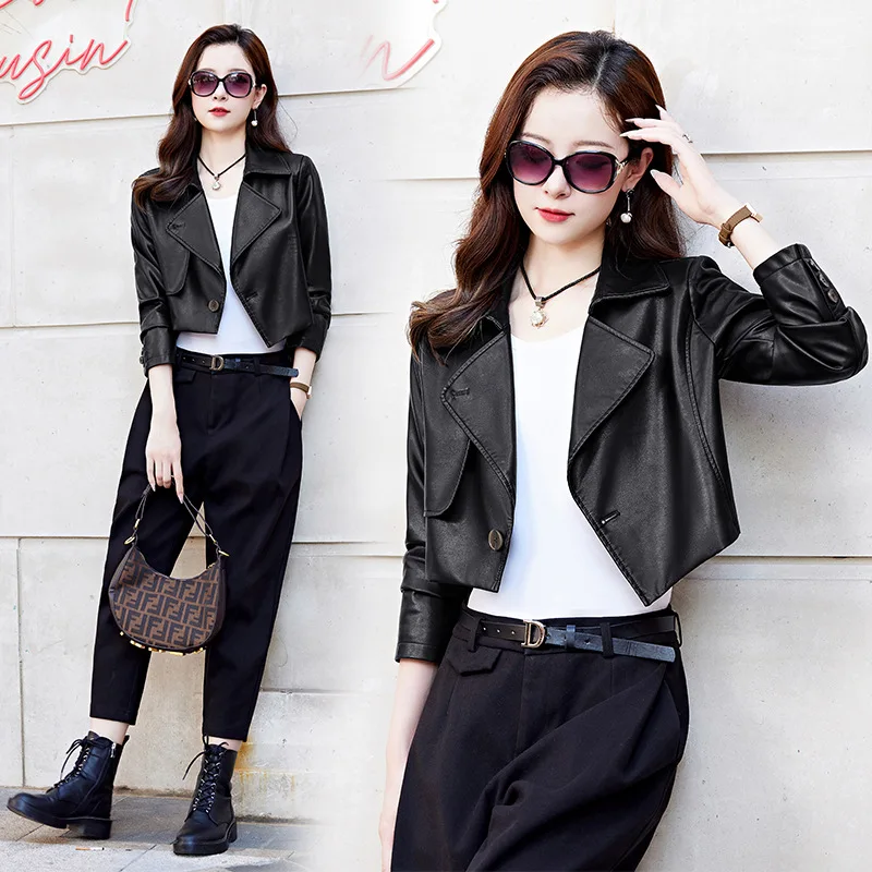 2024 Spring and Autumn Small Leather Coat Women's Short  New Korean Edition Western Leisure Versatile Suit Collar Sheepskin