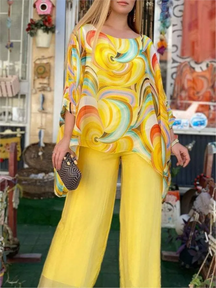Ensemble deux pièces en mousseline de soie imprimée pour femme, chemisier et pantalon large, décontracté, mode estivale, 2024