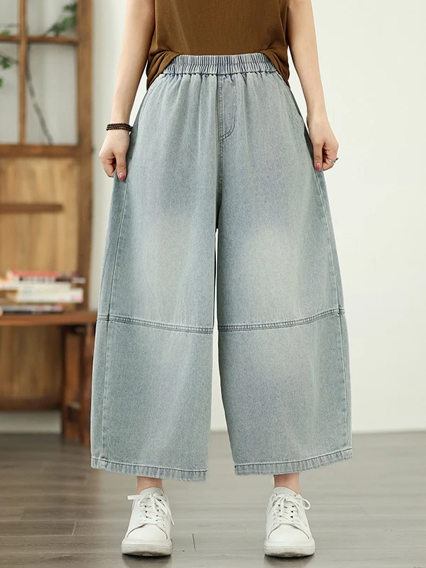 

Retro Elastic Waist Wide Leg Jeans Women Summer Loose plus Size Waed Casual Straight Nine Point Pants High Waist Blue Denim