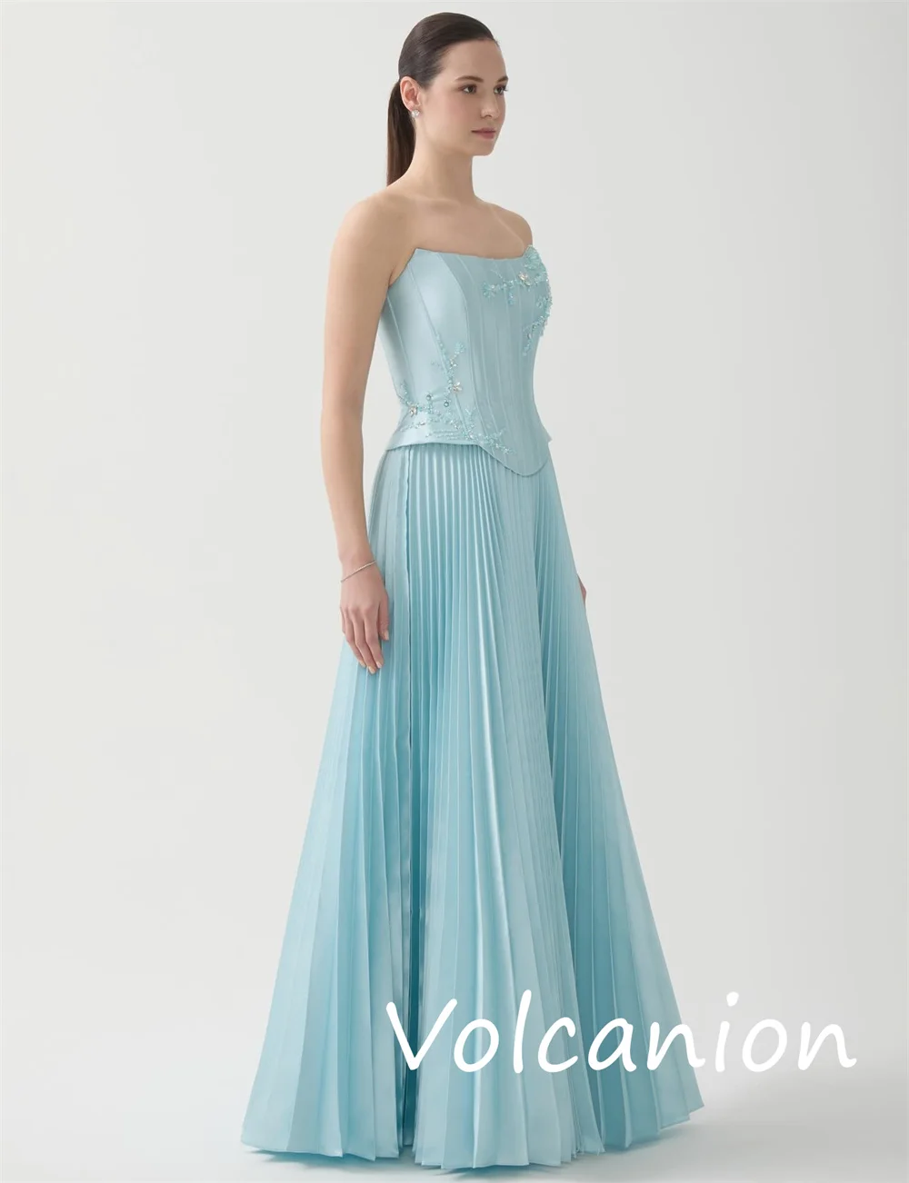 Jersey Gaya Cina Kustom Gaun Panjang Tanpa Tali A-line Wiru Berpayet Mode Pastrol Acara Dipesan Lebih Dahulu