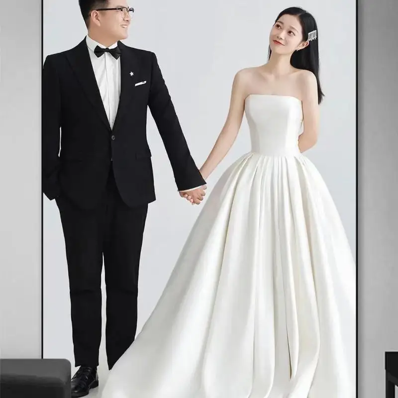 

Classic Sexy Strapless Wedding Dress New Satin Sukienki Na Wesele Damskie Elegant Simple Sleeveless Vestido De Novia Customized