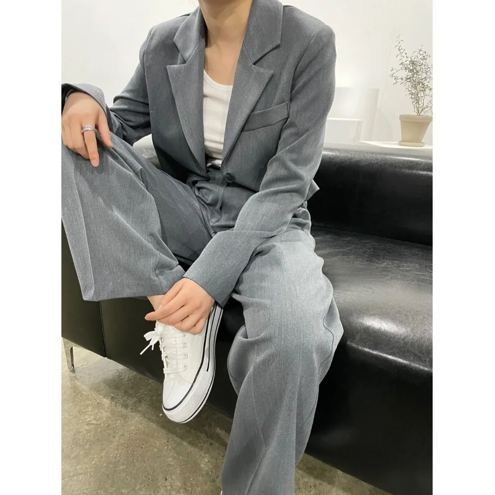 シックな韓国風レディーススーツセット カジュアルルーズロングパンツ ジャケットツーピースセット 秋ファッションアウトフィット ロングスリーブ...