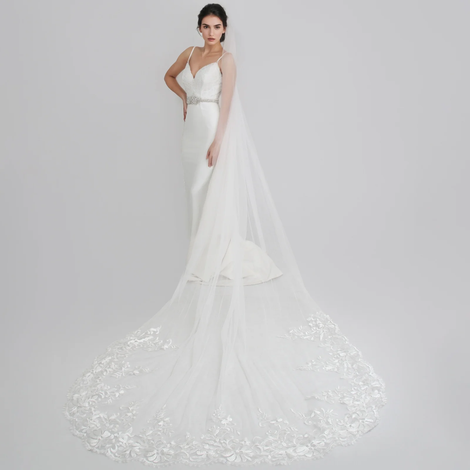 

Соборная фата с прочным кружевным краем, ручная работа, белая фата со шлейфом длиной 300 см с металлической расческой, подходит для церковных свадеб G81