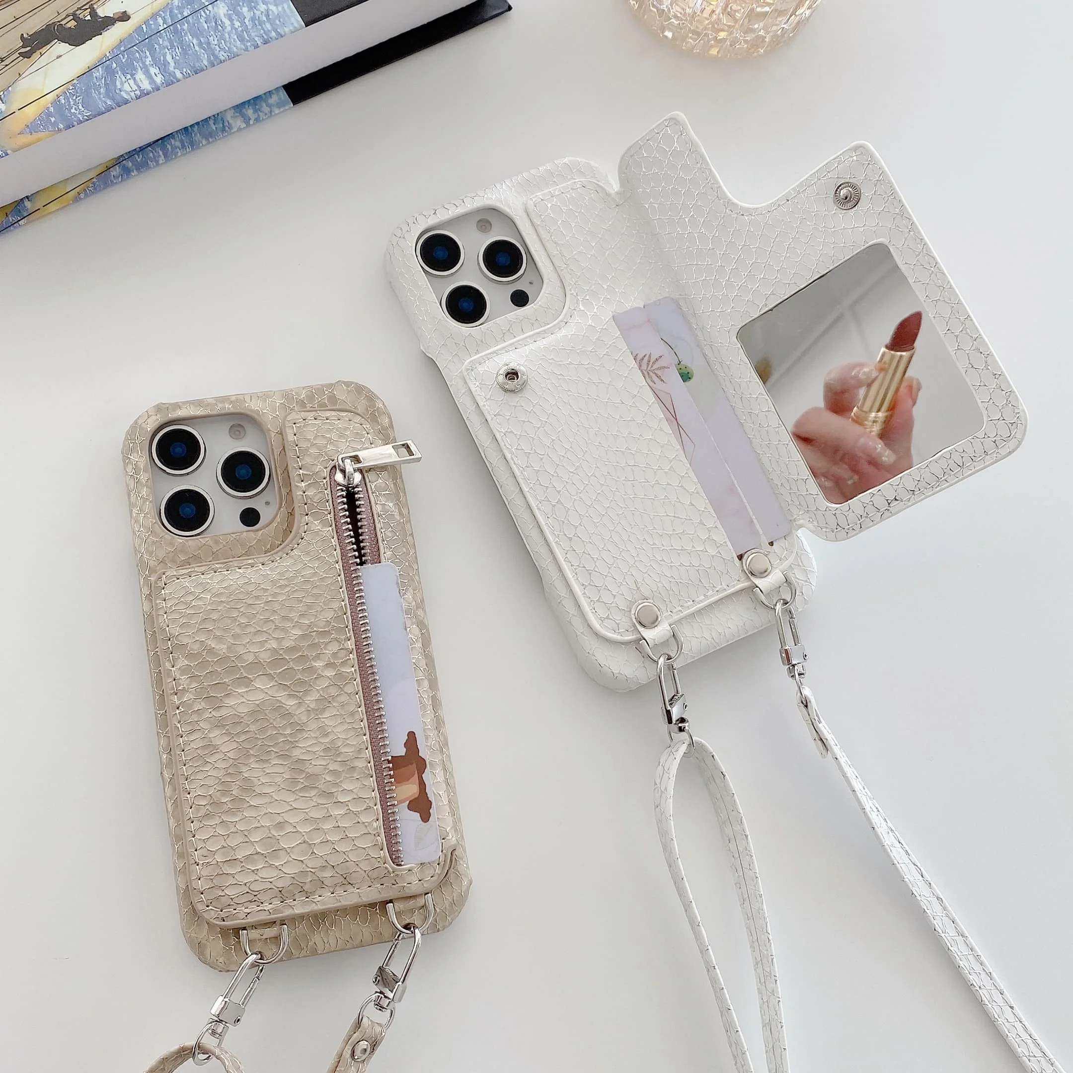 

Mirror Zipper Wallet Card Holder Lanyard Phone Case for iPhone 17 Air 16 15 14 11 Pro Max 13 12 11 7 8 Plus Snake Leather Cover