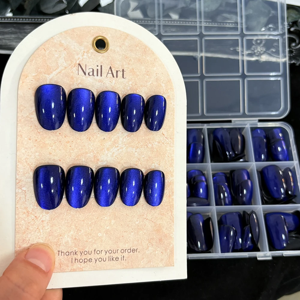 30/144 Stück glänzende dunkelblaue Katzenaugen-Kunstnägel, glitzernd, mittelgroß, oval, blau, zum Aufdrücken der Nägel, künstliche Finger-Kunstnägel – Detail 1