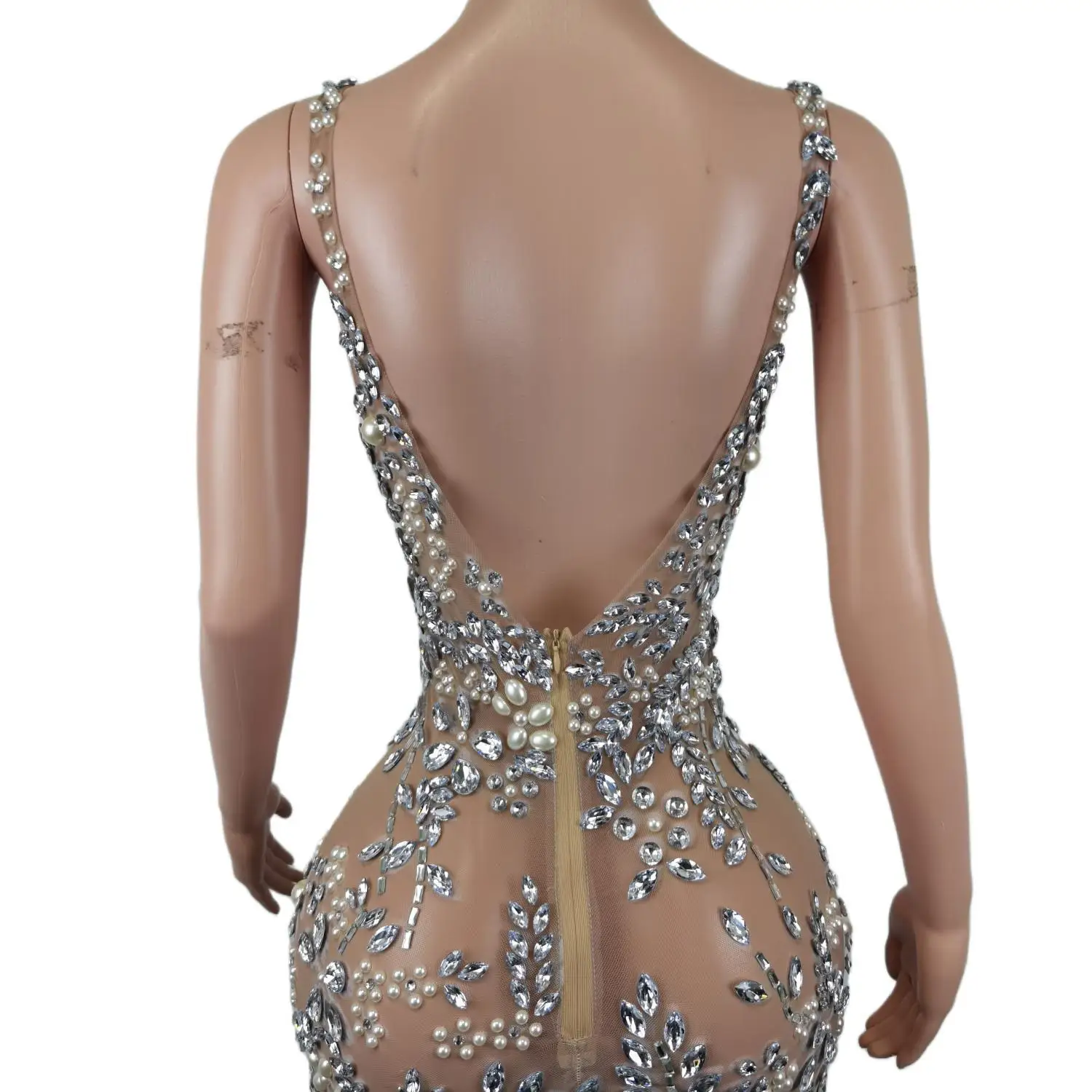 Women Shining Pearls Rhinestones White Feathers Dress Party Evening Performance Sexy Wrapped Hip Dress Bar Stage Costume Meihua
