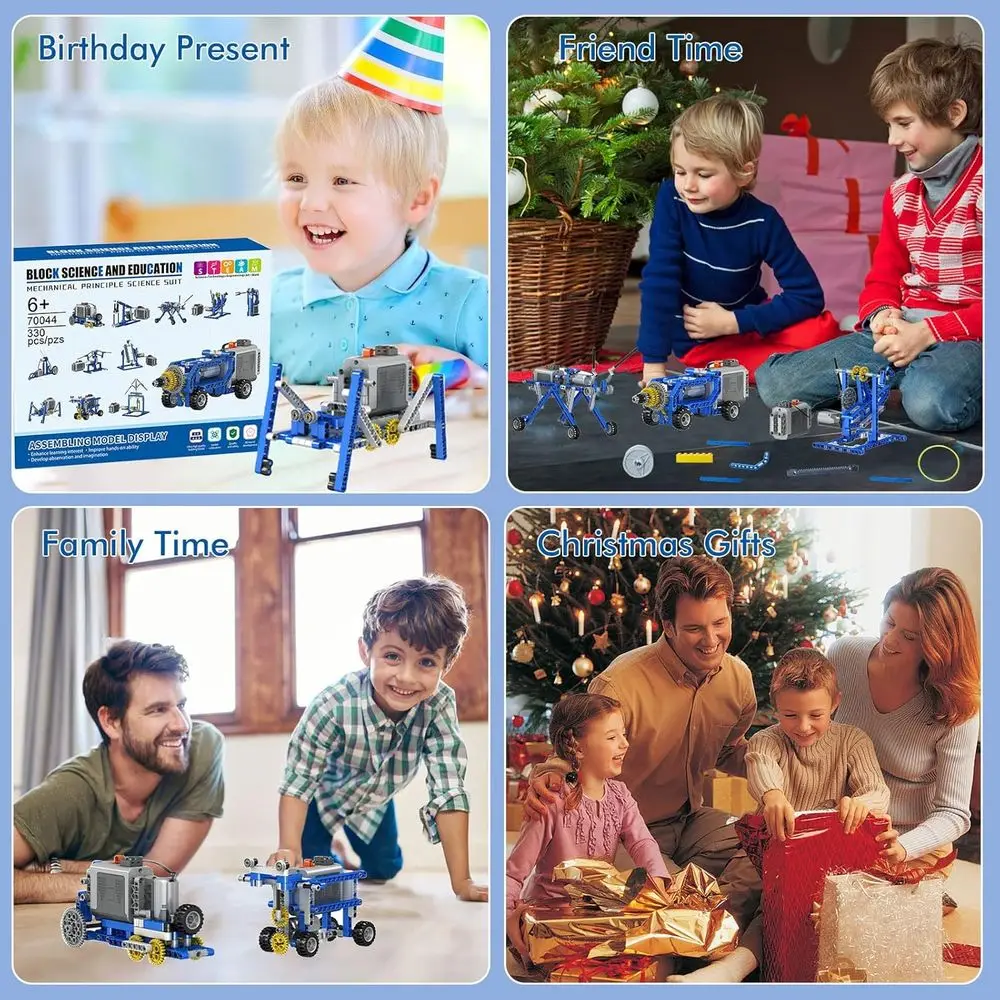 Kit de construction STEM 12 en 1 avec moteur électrique, 330 pièces, adapté aux 6 ans et plus, excellent cadeau de bricolage pour un jeu créatif