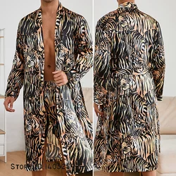 Men's Long Robe Pajamas Two Piece Set Print Tiger Ice Silk Sleepwear Kimono Bathrobe Gown Loose Casual Homewear Lounge Wear