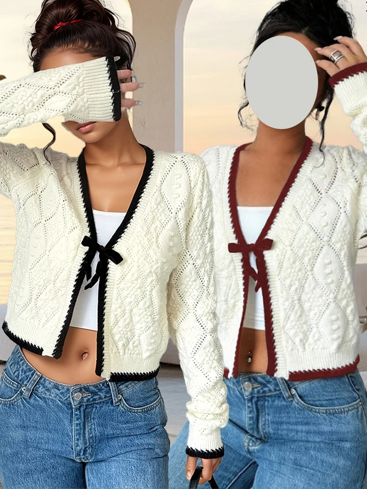 

Новая мода кардиган с галстуком-бабочкой свитер с v-образным вырезом и длинными рукавами трикотажная куртка элегантная повседневная женская куртка мягкий бежевый теплый свободный топ